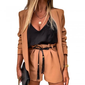 Women Sleeveless plaid button up elastic waist Blazer Top and pocket short Set Elegant Office Ladies Suits Women Workwear D30
